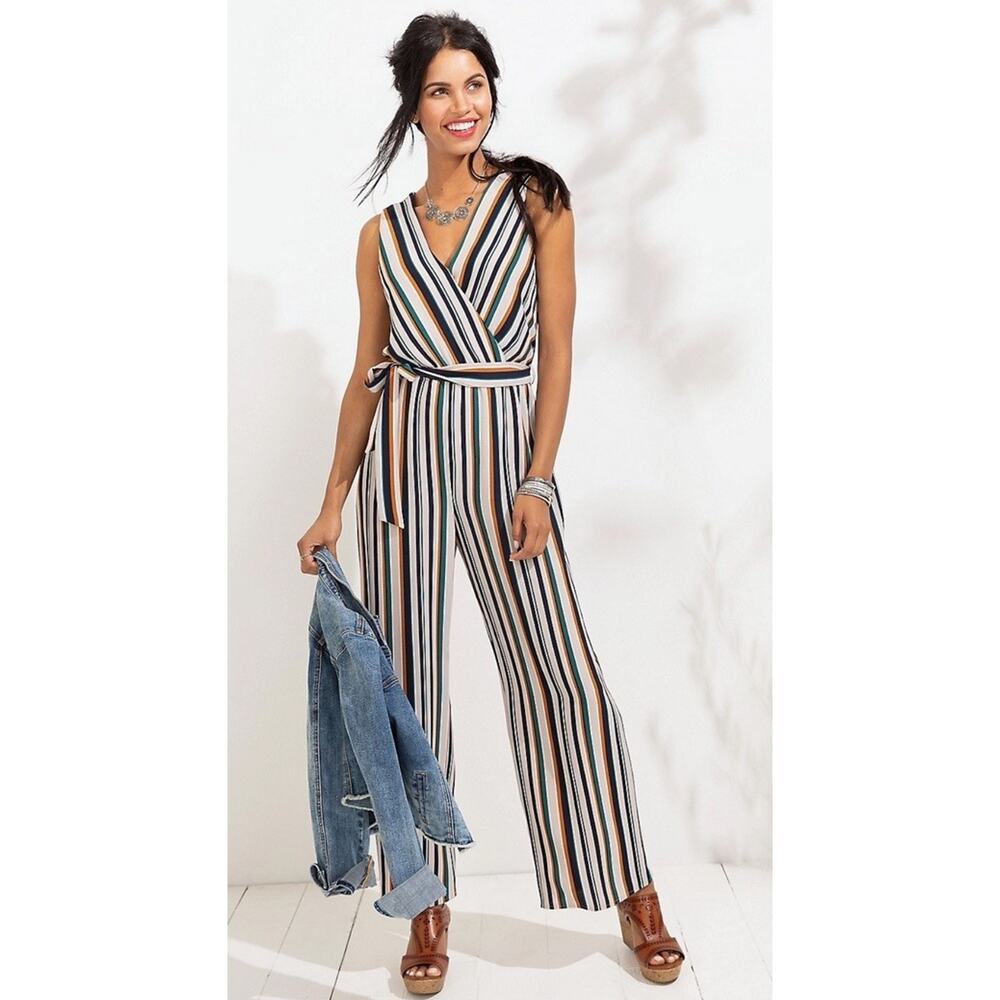 Maurices Striped Jumpsuit Size Medium Grey Blue Green Belt Loops V Neck
